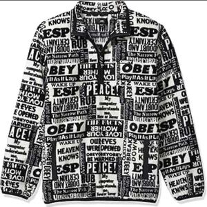 Obey Post Mock Neck Quarter Zip Graphic Fleece Sweatshirt Black White Men’s M